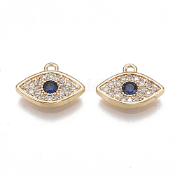 Brass Micro Pave Cubic Zirconia Charms, Nickel Free, Real 18K Gold Plated, Eye, Clear & Blue, 8x11x1.5mm, Hole: 1mm