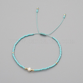 Verstellbare, geflochtene Armbänder aus Glasperlen für Damen, mit natürlichen Süßwasserperlen und Messing, Himmelblau, 11.02 Zoll (28 cm)