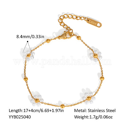 Браслеты-цепочки с белыми цветочными бусинами из нержавеющей стали 304 с имитацией жемчуга для женщин JG5548-2-1