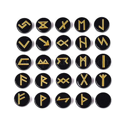 Латунь старший футарк алфавит выгравированный символ плоский круглый натуральный обсидиан рунические камни G-I373-01H-1