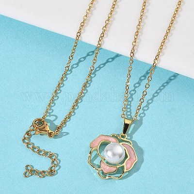 Женское ожерелье из нержавеющей стали 304 с подвеской в виде розового цветка из латуни и эмали NJEW-D341-04G-1