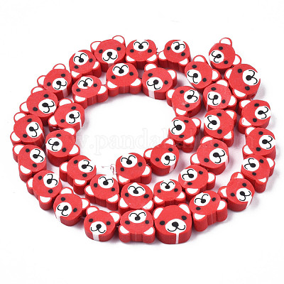 Handmade Polymer Clay Bead Strands, Bear Head, Hot Pink, 7.5~10x9~11x4mm,  Hole: 1.6mm, about 37~40pcs/strand, 13.58 inch~15.35 inch(34.5~39cm)