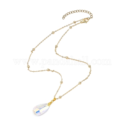 Ожерелья-цепочки с круглыми шариками из прозрачного стекла AB с гранеными подвесками из латуни для женщин NJEW-JN05640-02-1