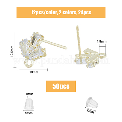 24 шт. двухцветная латунная фурнитура для сережек-гвоздиков с микропаве из прозрачного кубического циркония KK-FH0004-79-1