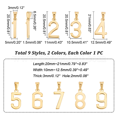 UNICRAFTALE 18pcs 2 Colors Number Charms 304 Stainless Steel Figures Pendants Number 1~9 Charms Metal Meaning Number Pendant