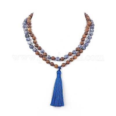 Буддийское ожерелье из натуральной голубой яшмы и дерева NJEW-JN04306-1