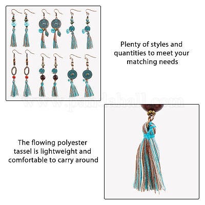 6 пара серег-кисточек из полиэстера в этническом стиле EJEW-FI0003-03-1