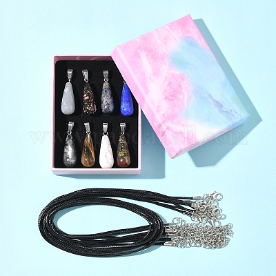 Наборы для самостоятельного изготовления ожерелий с подвесками из натуральных и синтетических драгоценных камней и вощеного шнура DIY-FS0008-48-1