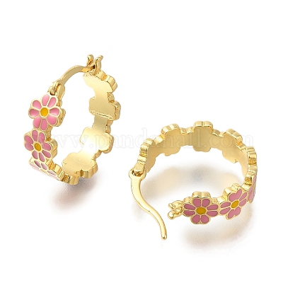 Серьги-кольца из латуни с цветочным покрытием EJEW-H016-41G-02-1