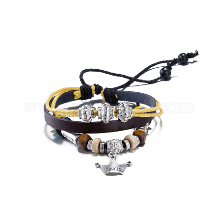 Adjustable Casual Unisex Zinc Alloy Crown and Leather Multi-strand Bracelets BJEW-BB15618-1