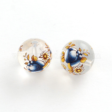 Flower Picture Transparent Glass Round Beads GFB-R004-14mm-U02-1