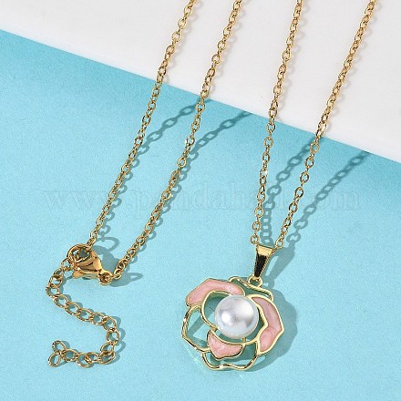 Женское ожерелье из нержавеющей стали 304 с подвеской в виде розового цветка из латуни и эмали NJEW-D341-04G-1