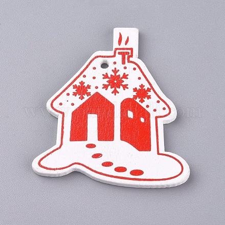 プラタンウッドペンダント  雪の結晶の家  クリスマスのために  染め  ホワイト  50x46x2.5mm  穴：2.5mm WOOD-E011-09B-1