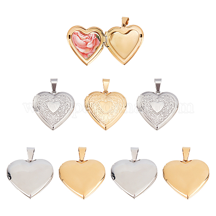 DICOSMETIC 8pcs 2 Styles 2 Colors 316 Stainless Steel Locket Pendants Heart Photo Frame Charms Heart with Flower Locket Charms for Necklace Jewelry Making STAS-DC0003-98-1