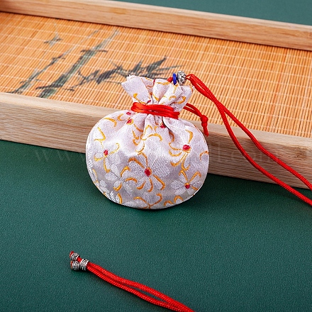 布刺繍の花の保存袋  巾着袋包装袋  ラウンド  ピンク  7.5x8cm PW-WG94081-02-1