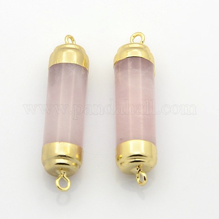Connecteurs en colonne quartz rose naturel avec accessoires en laiton plaqué d'or G-P053-G27B-1