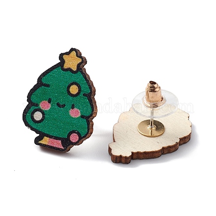 Orecchini a bottone in legno stampati natalizi EJEW-D046-03-1