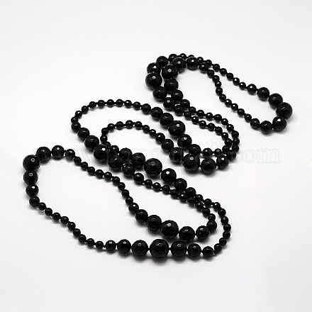 Long Natural Faceted Onxy Black Agate Graduated Beaded Necklaces NJEW-L102-01-1