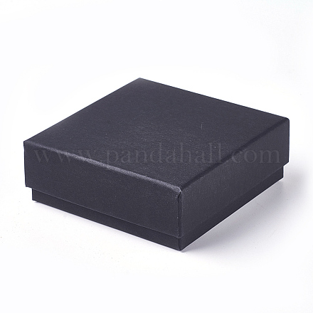 クラフト紙のボール紙ジュエリーボックス  リング/イヤリングボックス  正方形  ブラック  10x10x3.5cm CBOX-WH0003-05C-1