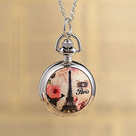 Плоские круглые литые печатных стекло карманные часы кулон ожерелье WACH-H017-01D-1