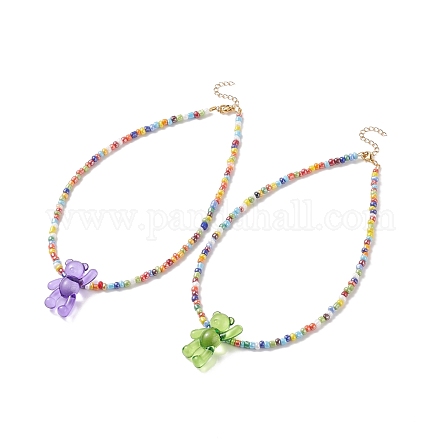 Ожерелье из акрилового медведя и стеклянных бусинок для женщин NJEW-JN03930-1