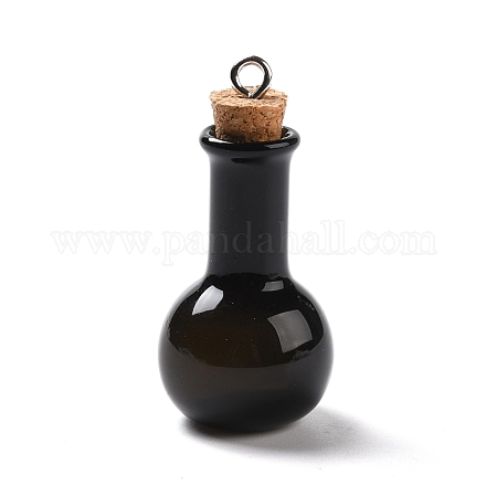 ガラスチャーム  木製のボトルストッパーとプラチナ合金ループ付き  球根形  ブラック  34x18mm  穴：2mm GLAA-P053-01A-07-1