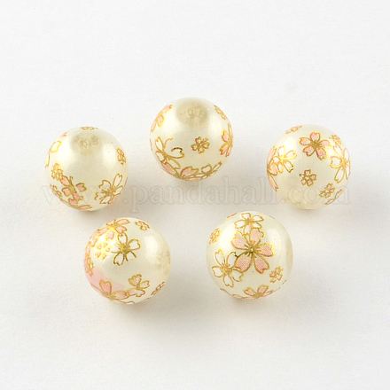 Rose Flower Pattern Printed Round Glass Beads GFB-R005-12mm-A06-1
