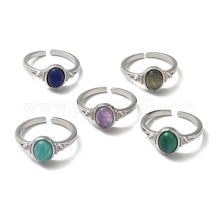 Natural Mixed Gemstone Oval Open Cuff Rings RJEW-M155-07P-1