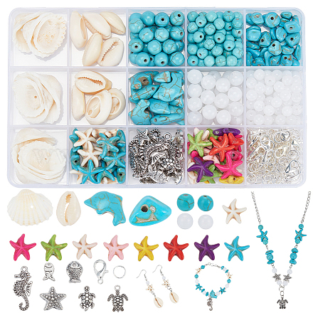 PH PandaHall 406pcs Ocean Jewelry Making Kit Starfish Seashell Beads Synthetic Turquoise Beads Tortoise Fish Beads Cowrie Shell Beads for Summer Beach Necklace Earring Bracelet Anklet Jewelry Making DIY-PH0013-78-1