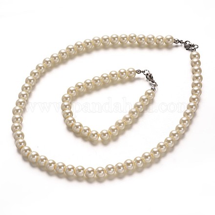 Acero inoxidable teñido perlas de cristal cuentas redondas y pulseras conjuntos de joyas SJEW-M039-01B-1