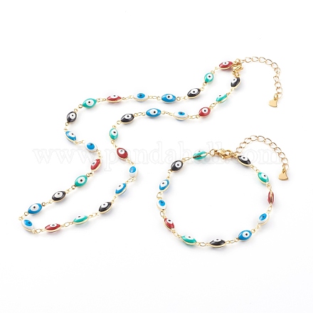 Set di gioielli per bracciali e collane con catena a maglia malocchio smaltato in ottone SJEW-JS01185-1