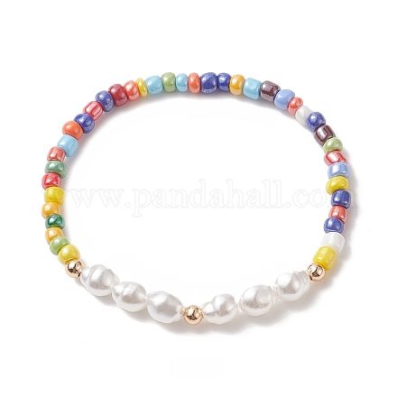 Braccialetto elasticizzato in plastica con perle d'imitazione e semi di vetro per le donne BJEW-JB09929-1