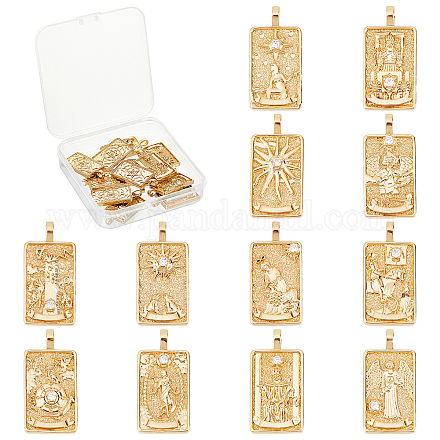 SUNNYCLUE 1 Box 12Pcs 12 Style Real 18K Gold Plated Brass Charms Micro Pave Tarot Card Charms for jewellery Making Cubic Zirconia Tarot Charm King Queen Sun Earrings Necklace Suppliues Adult Craft KK-SC0003-01-1