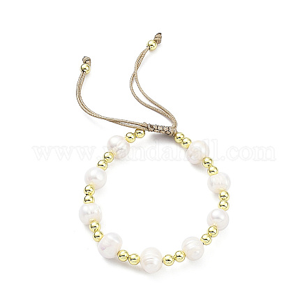 Bracciale da donna regolabile con perle intrecciate in ottone e perle naturali BJEW-O187-01-1