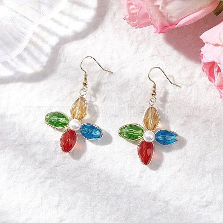 Серьги-подвески из цветочного стекла и круглых ракушек EJEW-TA00722-1