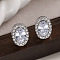 Brass Micro Pave Clear Cubic Zirconia Stud Earrings, Platinum, Oval, 11x8.5mm
