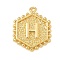 Brass Pendants, Hexagon Letter Charms, Letter H, 20x16x2.5mm, Hole: 1.5mm