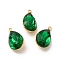 Rack Plating Brass Glass Pendants, Faceted Teardrop, Real 18K Gold Plated, Lead Free & Cadmium Free, Dark Green, 17x10.5x8mm, Hole: 1mm