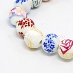Mischarten handgemachte Blume gedruckt Porzellan-Keramik-runde Perlen Stränge, Mischfarbe, 9.5~10 mm, Bohrung: 1 mm, ca. 35 Stk. / Strang, 12.7 Zoll