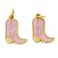 Breloques en émail et acier inoxydable 304 plaquées par ions (IP), avec anneau de jonction, polissage manuel, breloque bottes de cow-boy, véritable 18k plaqué or, perle rose, 12x9x1.5mm, Trou: 2.5mm