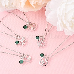 День святого Валентина 304 нержавеющая сталь и зеленое стекло пара кулон сердце кабель цепь ожерелья для женщин NJEW-FS00014-01