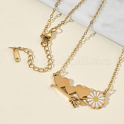 Collane da donna con catena a maglie e ciondolo a forma di margherita e cuore in acciaio inossidabile 304 smaltato bianco.&nbsp;NJEW-K309-01G