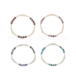 Эластичные браслеты для женщин с натуральными драгоценными камнями и культивированным пресноводным жемчугом в форме кубиков и рисовых зерен.&nbsp;BJEW-JB13390