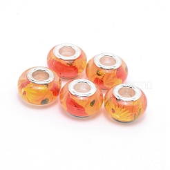 レジンヨーロピアンビーズ  大穴ビーズ  プラチナカラー合金コア付き  ロンデル  オレンジ  13.5x9mm  穴：5mm&nbsp;RPDL-TAC0002-02C