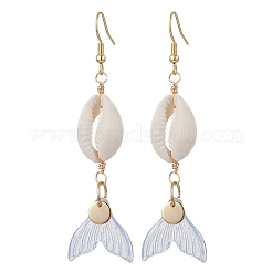 Серьги-подвески из натурального стекла с ракушками каури&nbsp;EJEW-JE06385-03