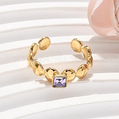 女性用304ステンレススチールカフリング  正方形  キュービックジルコニア付き  18KGP本金メッキ  ライラック  5.5mm&nbsp;RJEW-H246-03G-02