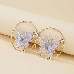合金と刺繍の布製フープピアス  蝶のリング  ゴールドカラー  ホワイト  60x60mm&nbsp;FS-WG7CC6D-01
