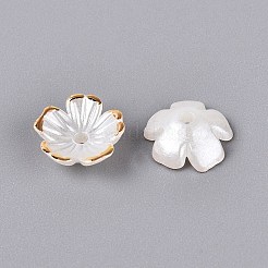 プラスチックビーズキャップ  5  - 花びらの花  ツートン  ゴールドライン入り  フローラルホワイト  10~11x10~11x4mm  穴：1.6mm  約2000個/袋&nbsp;KY-Q005-04A-01