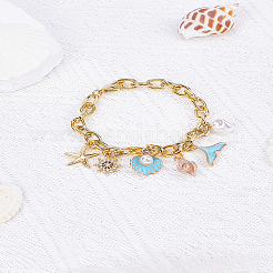 Летние пляжные браслеты с подвесками в форме морской звезды и ракушки из сплава эмали и АБС-пластика с имитацией жемчуга&nbsp;BJEW-LP00001