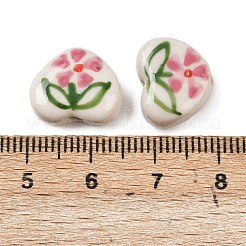 手作りの陶器ビーズ  手描きの陶器ビーズ  ハート  オールドローズ  12~12.5x14~15x6.5~7mm  穴：1.8mm&nbsp;PORC-D011-01F